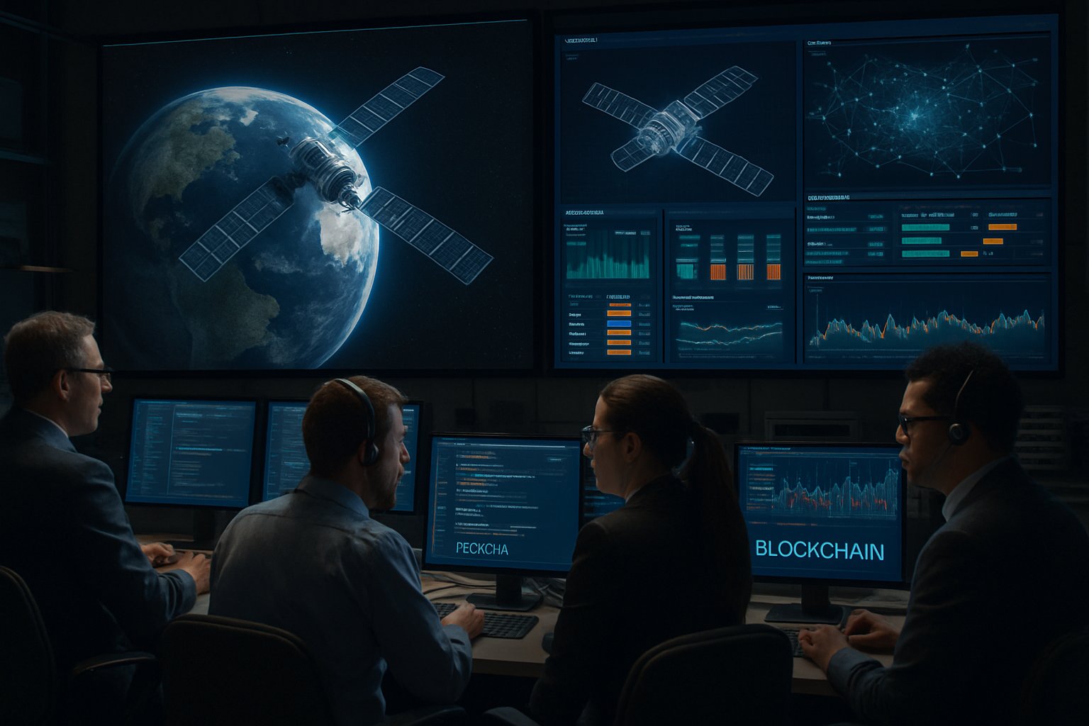 Engineers supervising AI Orbital Compute operations at ground control center.