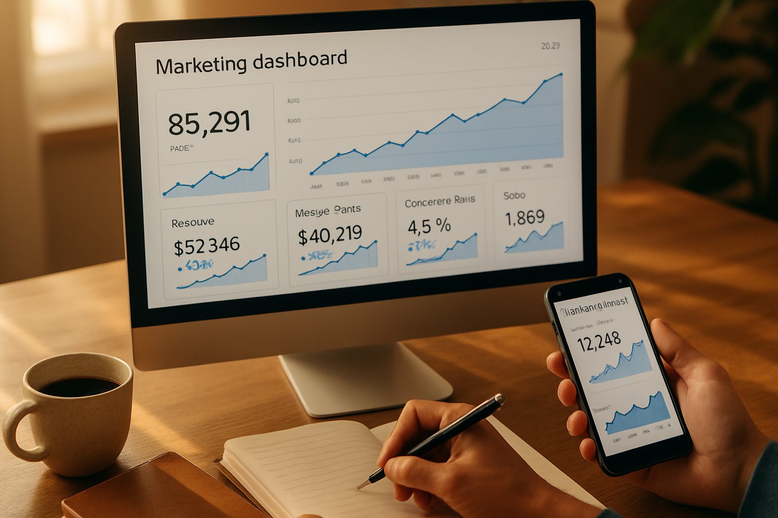 Realistic marketing dashboard showing upward trends for Marketing Intelligence Growth.