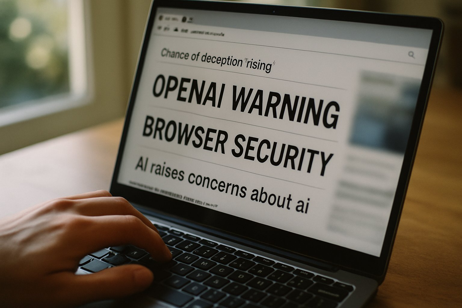 Hand typing on laptop showing OpenAI Warning security news articles