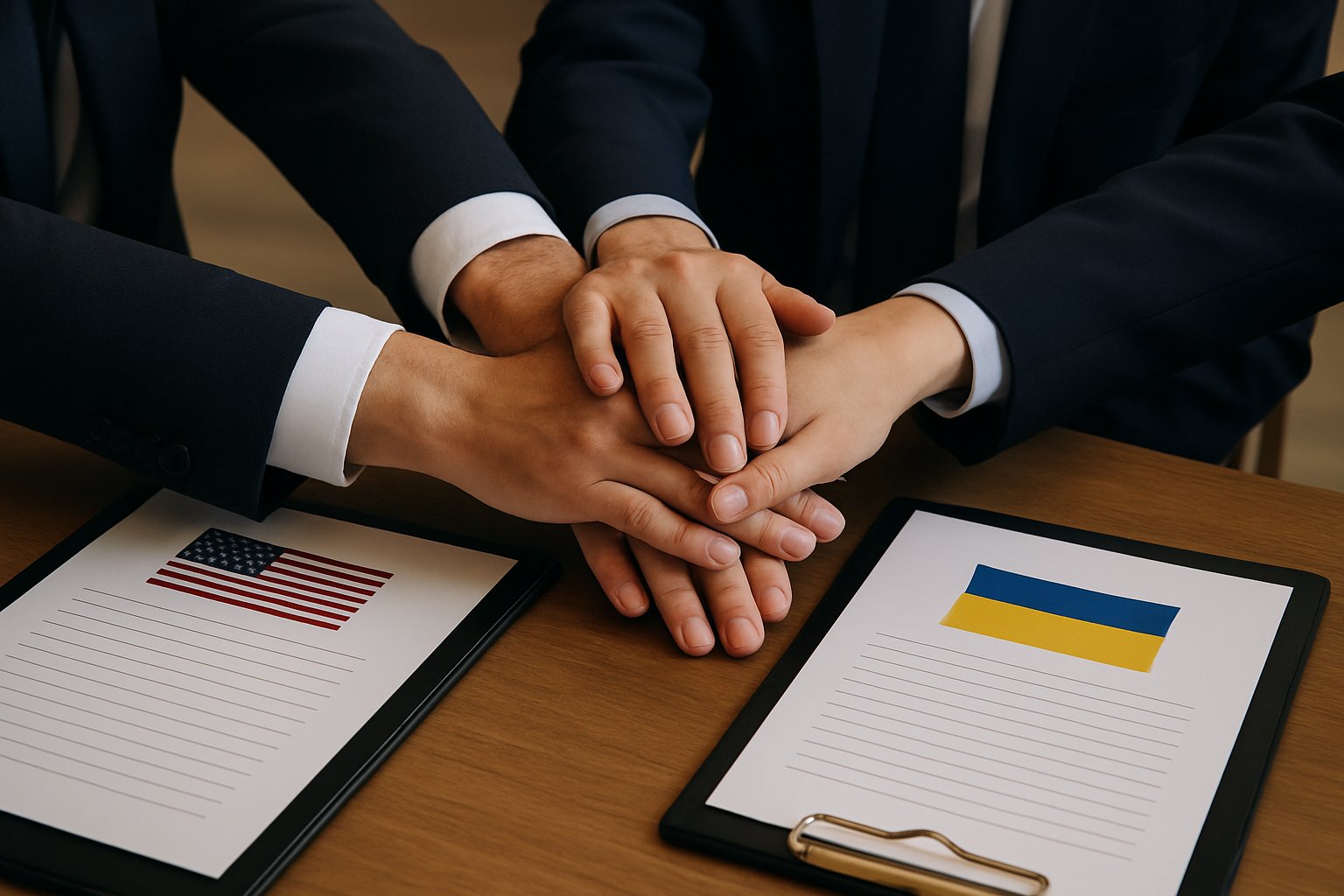 Hands united over documents reflect Geopolitical Consensus between US and Ukraine