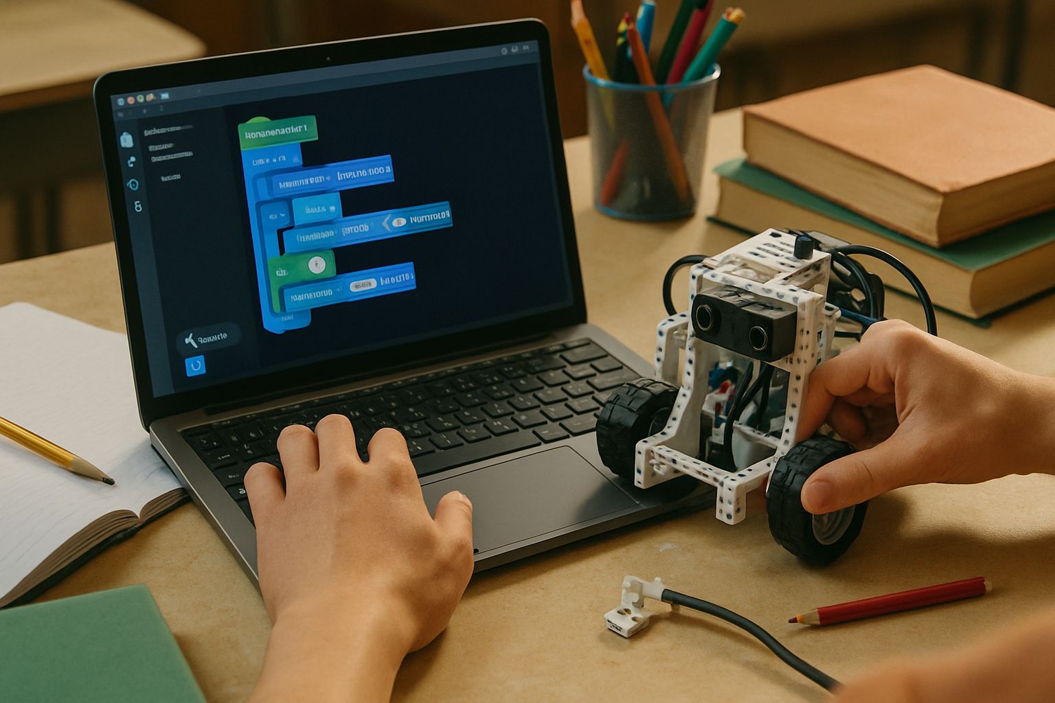 Hands using robotics kit during AI Curriculum lesson in school