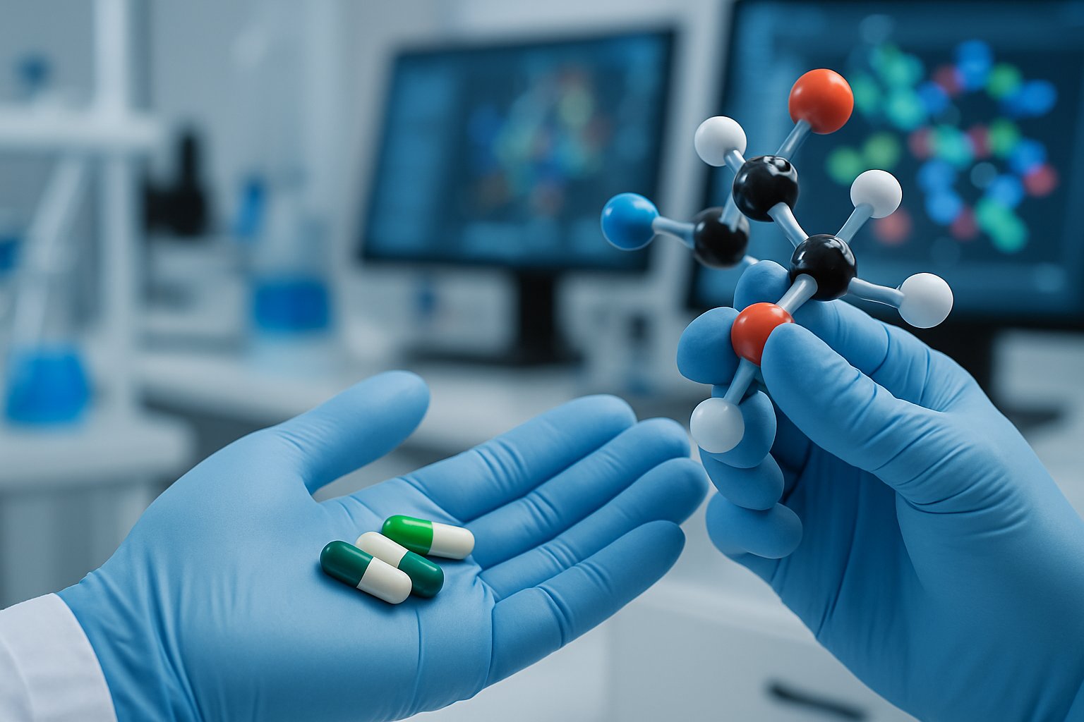 Scientist working on drug discovery with molecular models in laboratory.