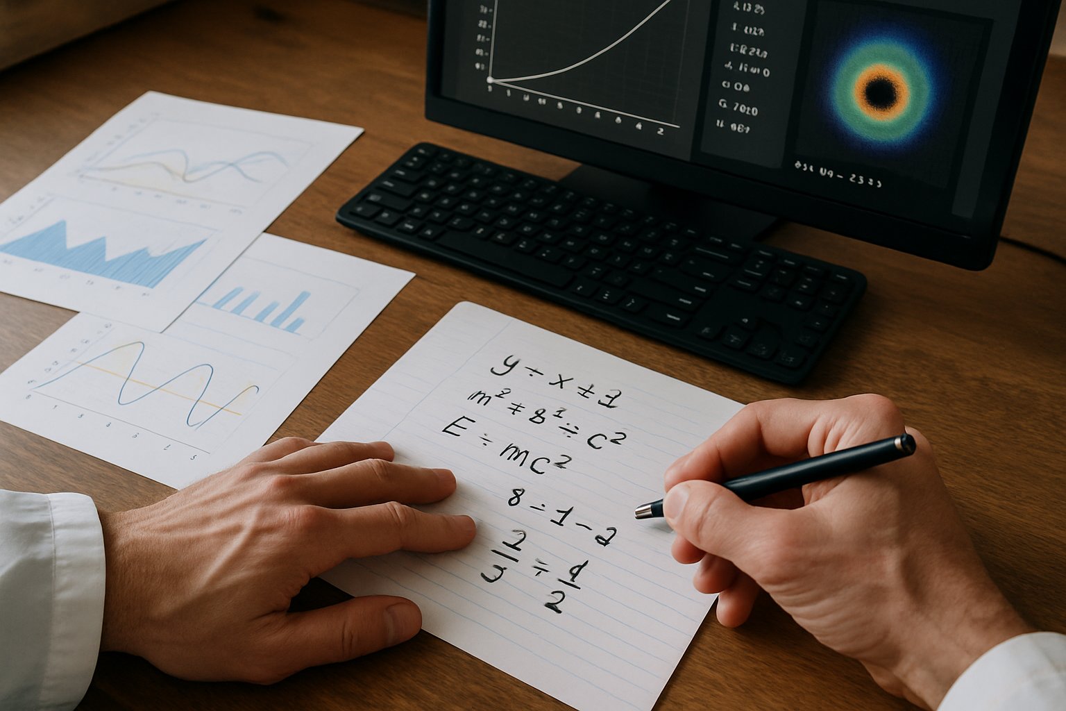 Scientific Discovery represented by scientist writing equations from physics data