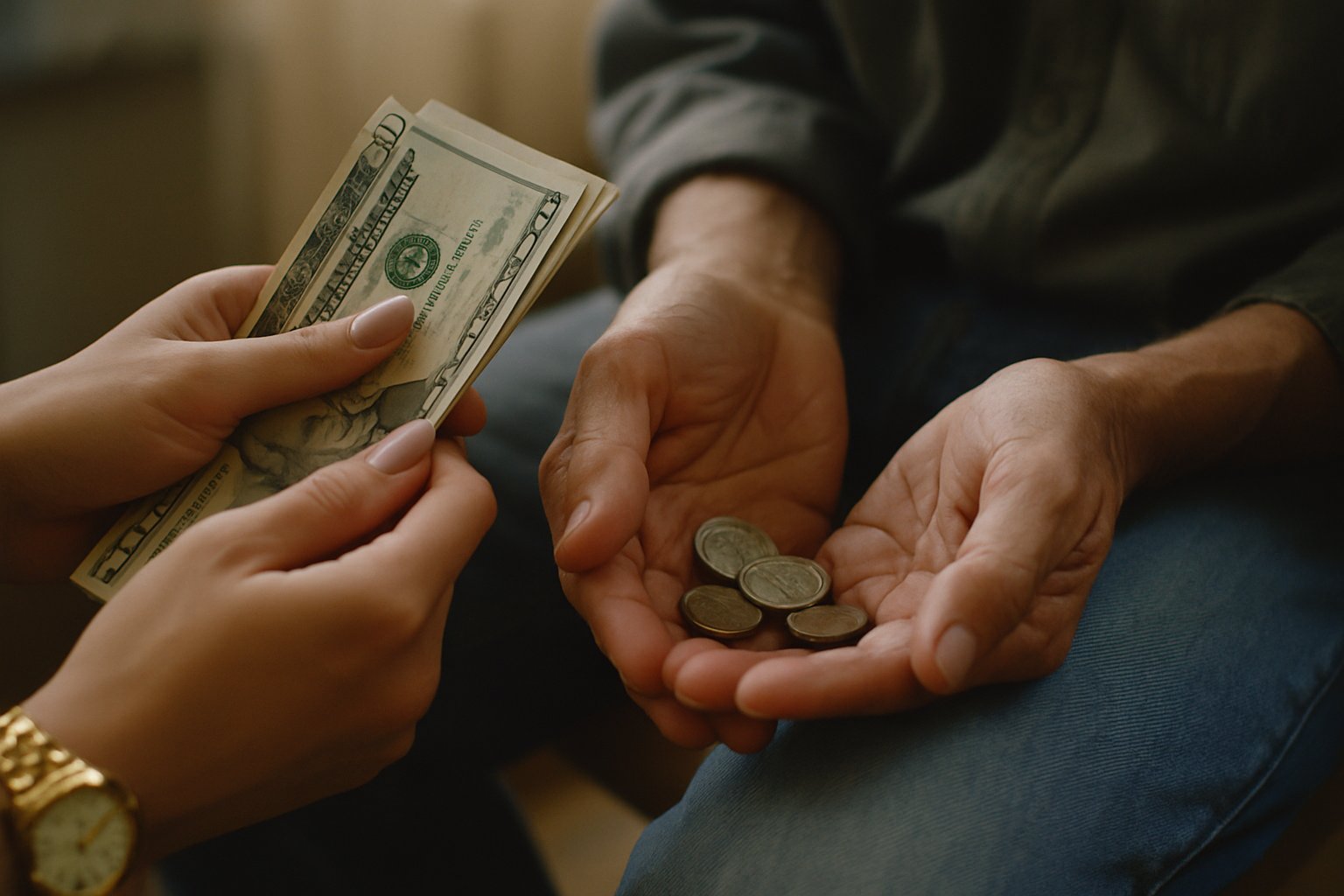 A close-up showing hands representing the Wealth Divide in daily life.