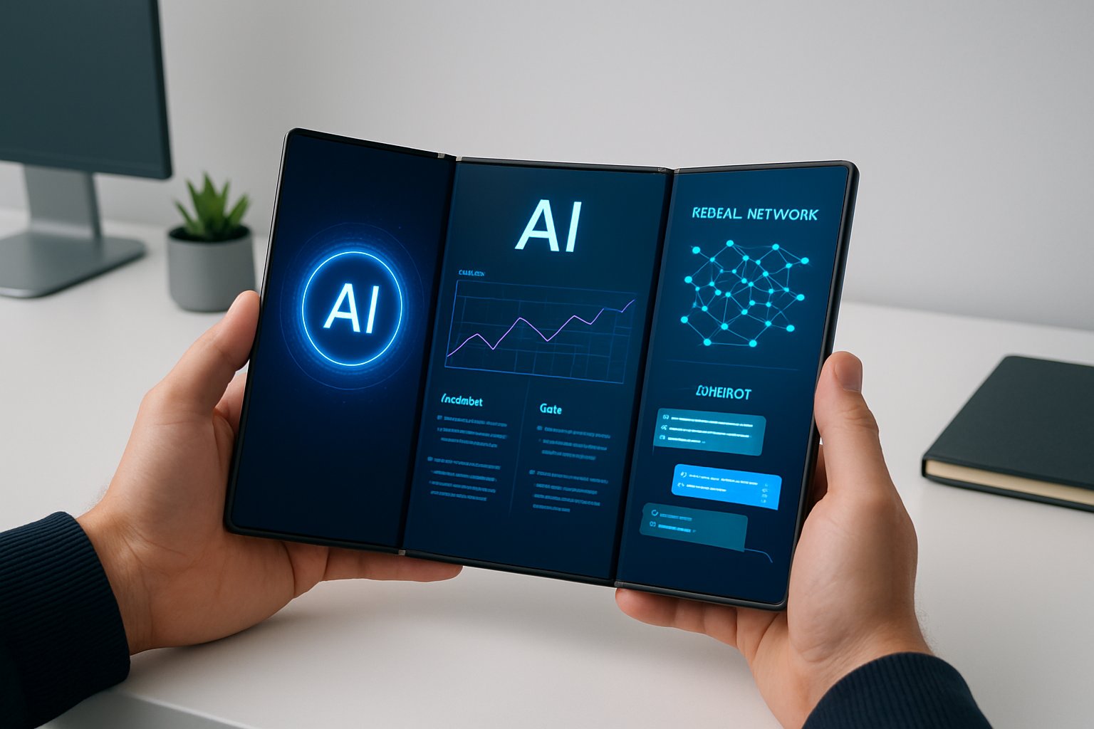 Hands unfolding Samsung TriFold device highlighting the new hardware form factor for productivity.