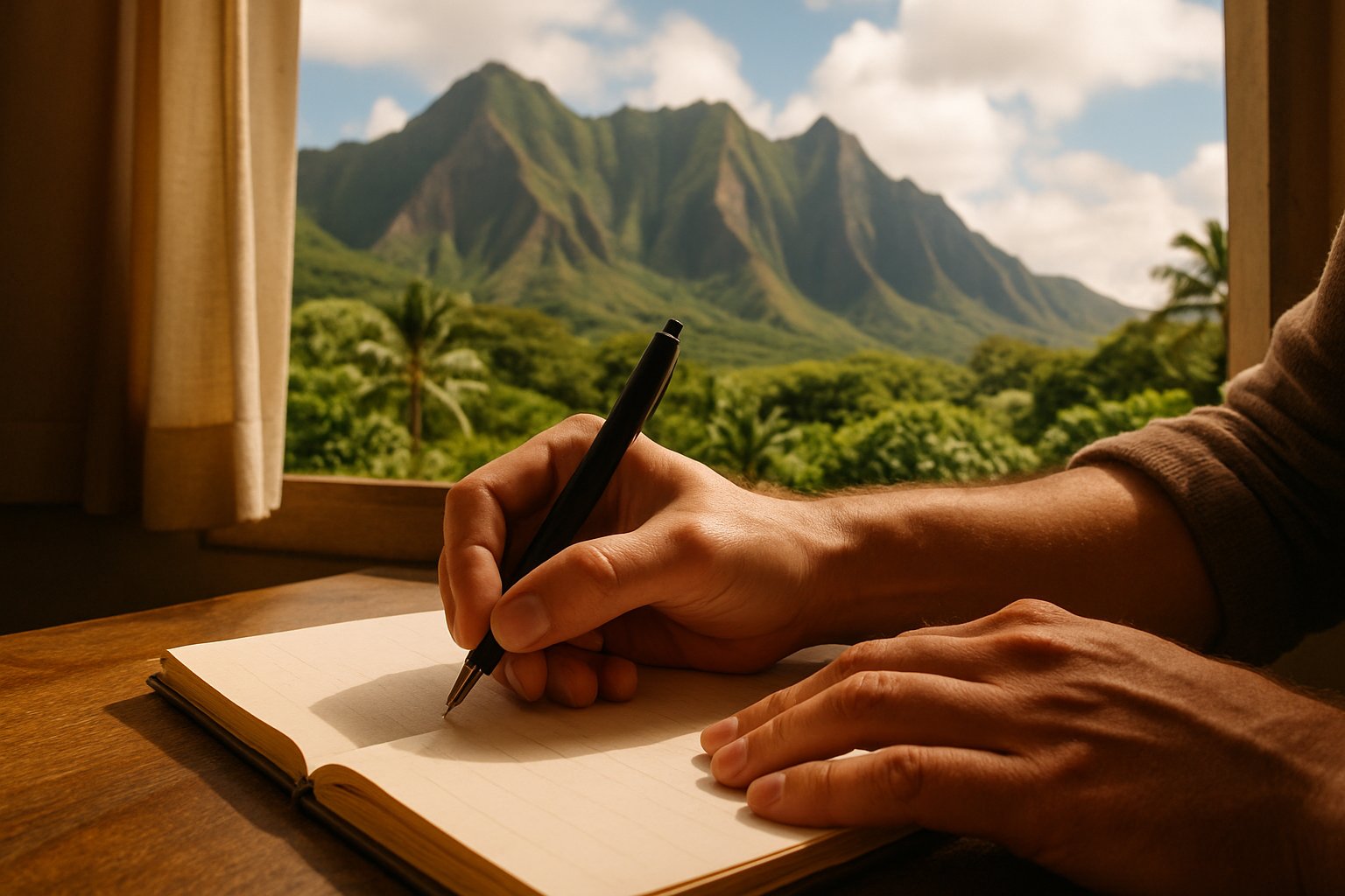 Cultural Insight shown through handwritten creativity in a Hawaiian landscape setting.
