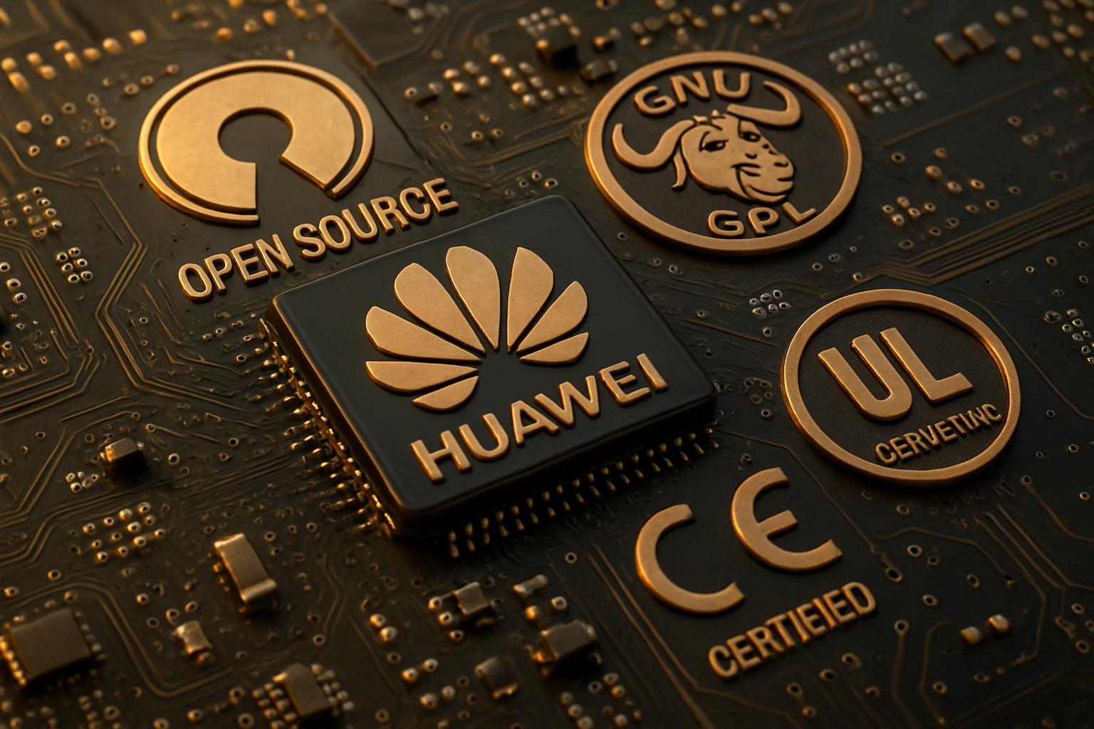 Huawei circuit board with Open Source icons and certification paths in enterprise technology.