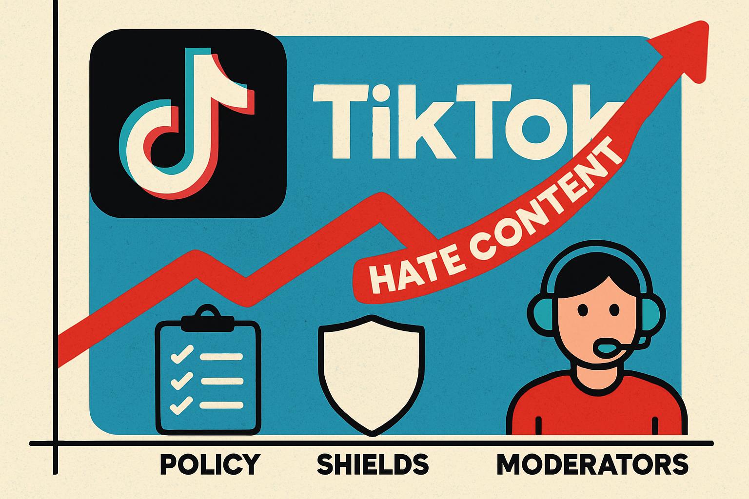 Infographic showing Social Media Moderation trends and TikTok hate content rise.
