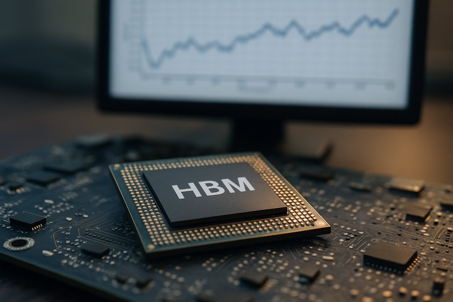 AI Data Performance visualized with realistic HBM chip and data graph.