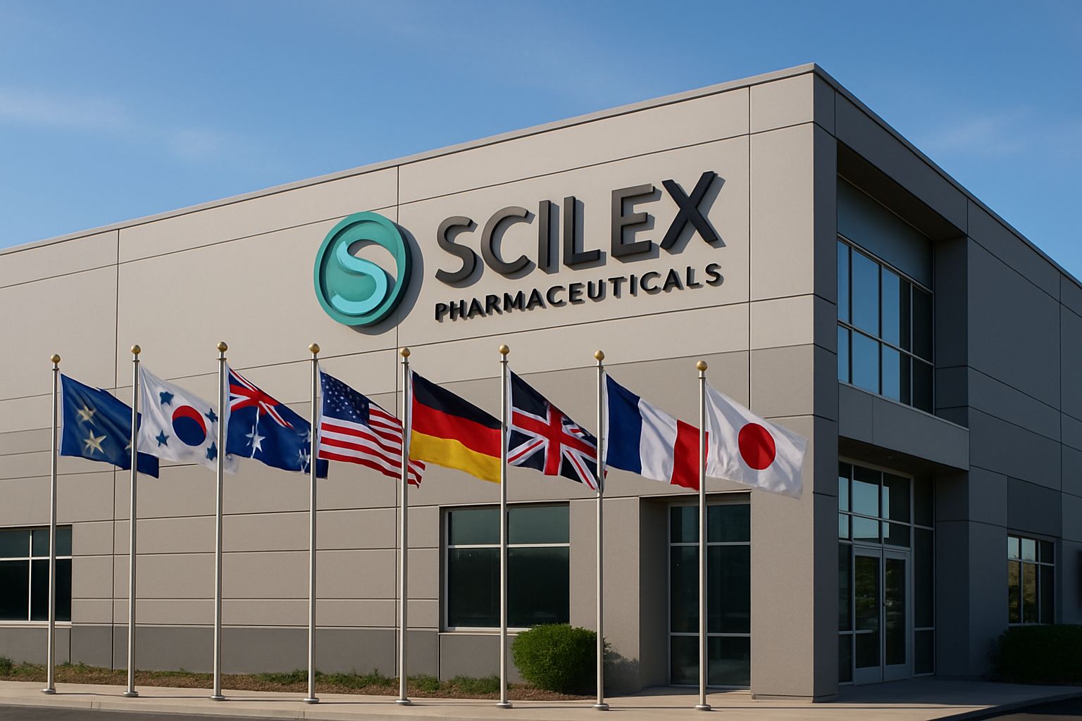 Scilex Pharma Strategy symbolized by headquarters and global flags outside.