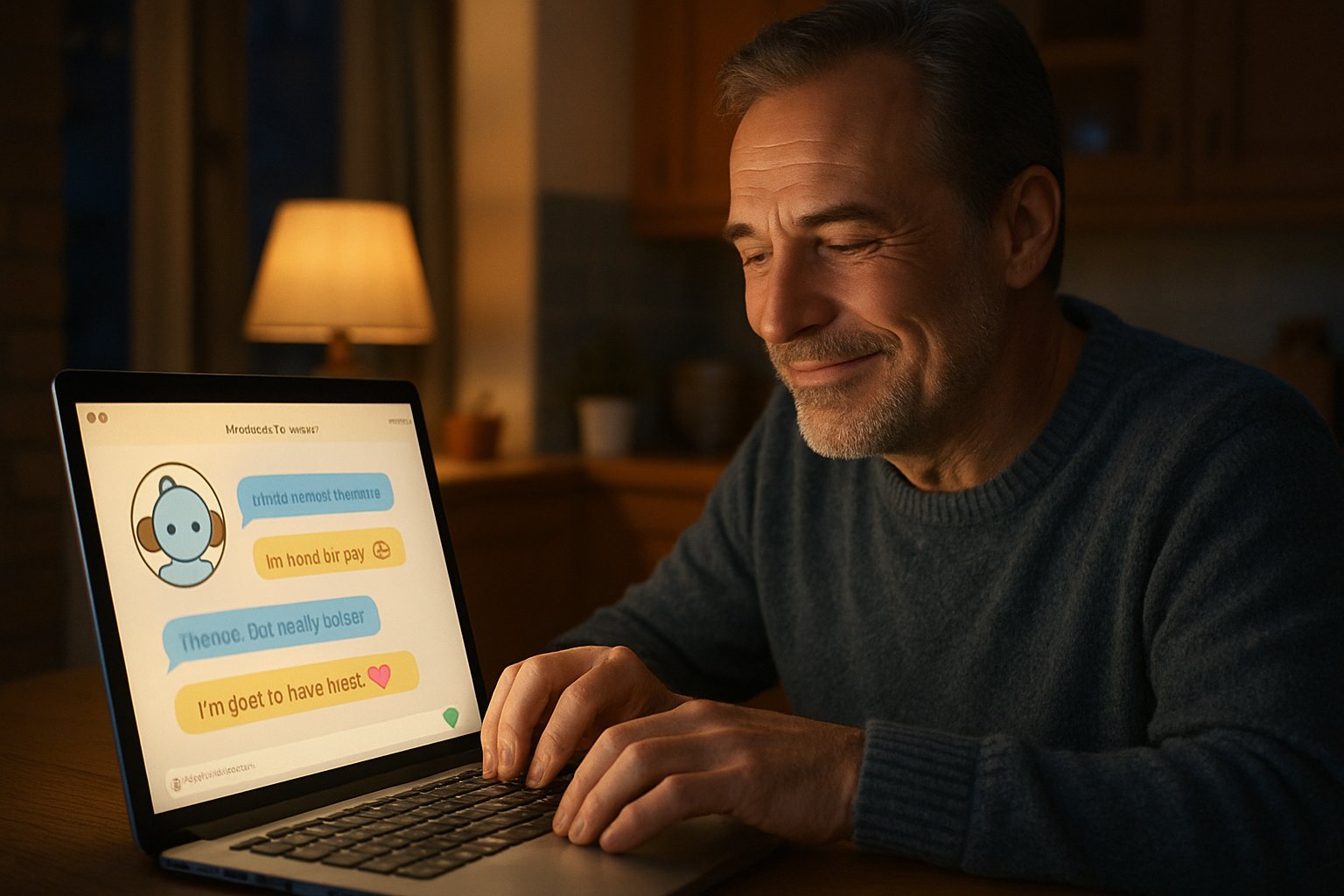 Man using AI companion for emotional support at kitchen table on laptop.