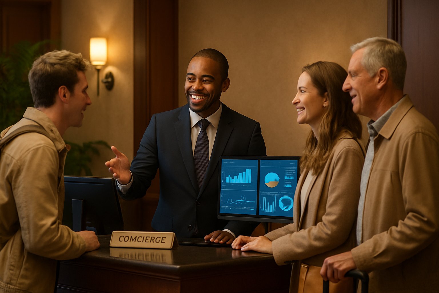 Industry Transformation visible at hotel reception with AI-powered hospitality solutions.