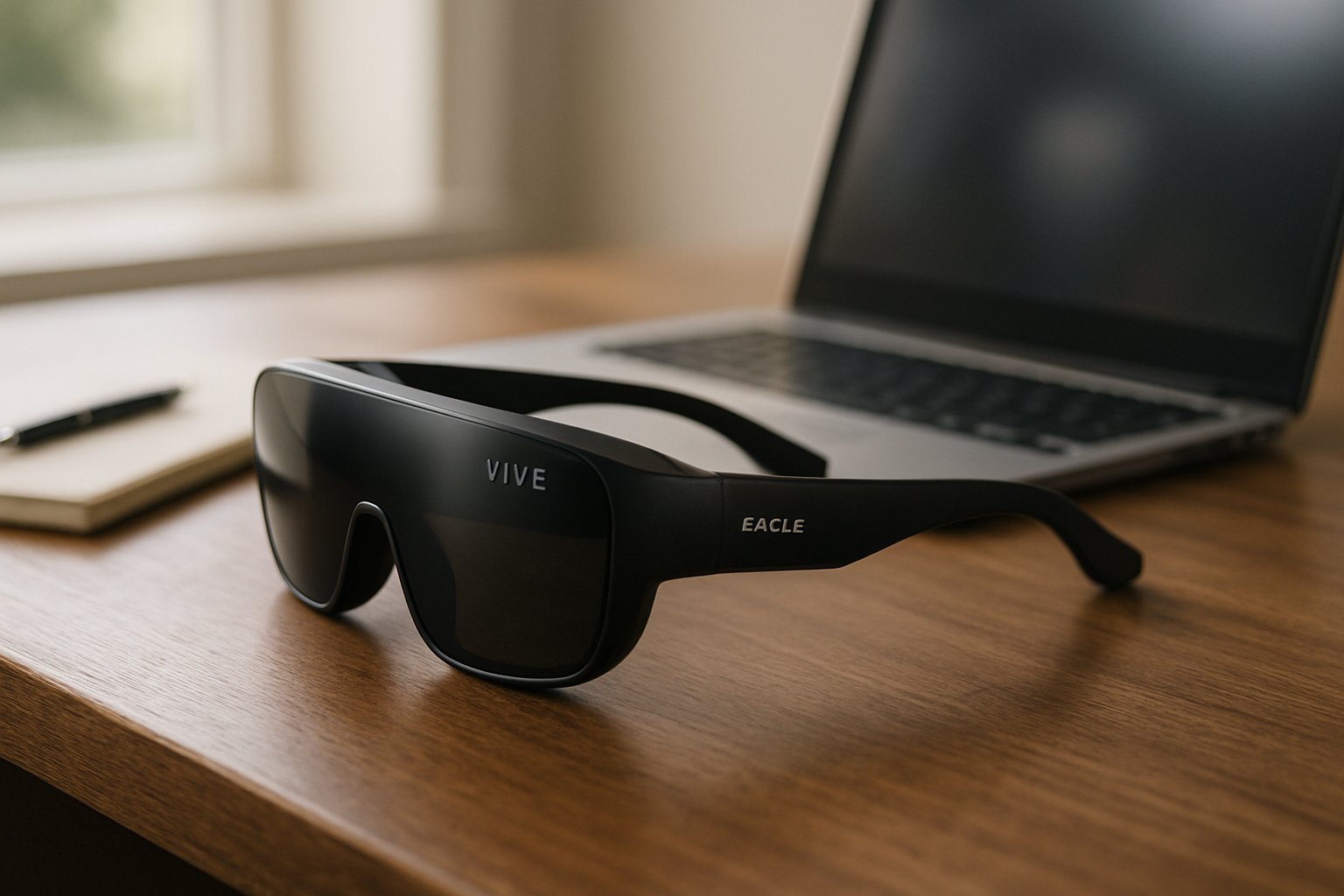 HTC VIVE Eagle smartglasses on desk beside laptop and notepad.