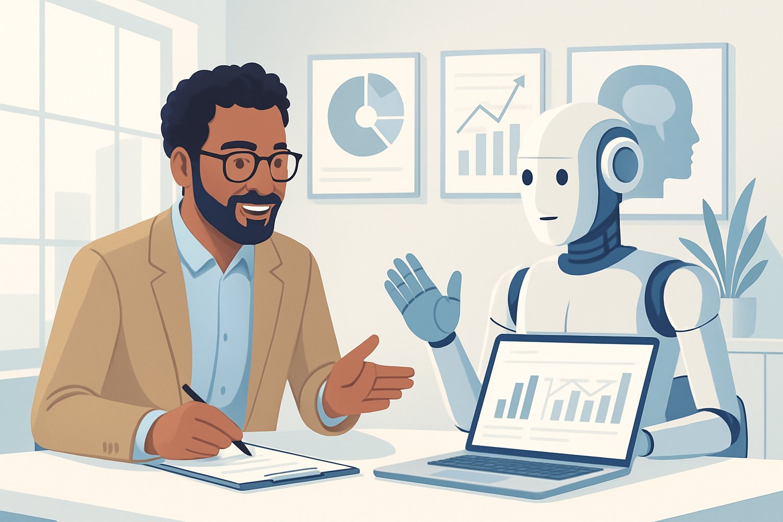 Psychologist and AI robot collaborate to enhance AI Social Impact in mental health.