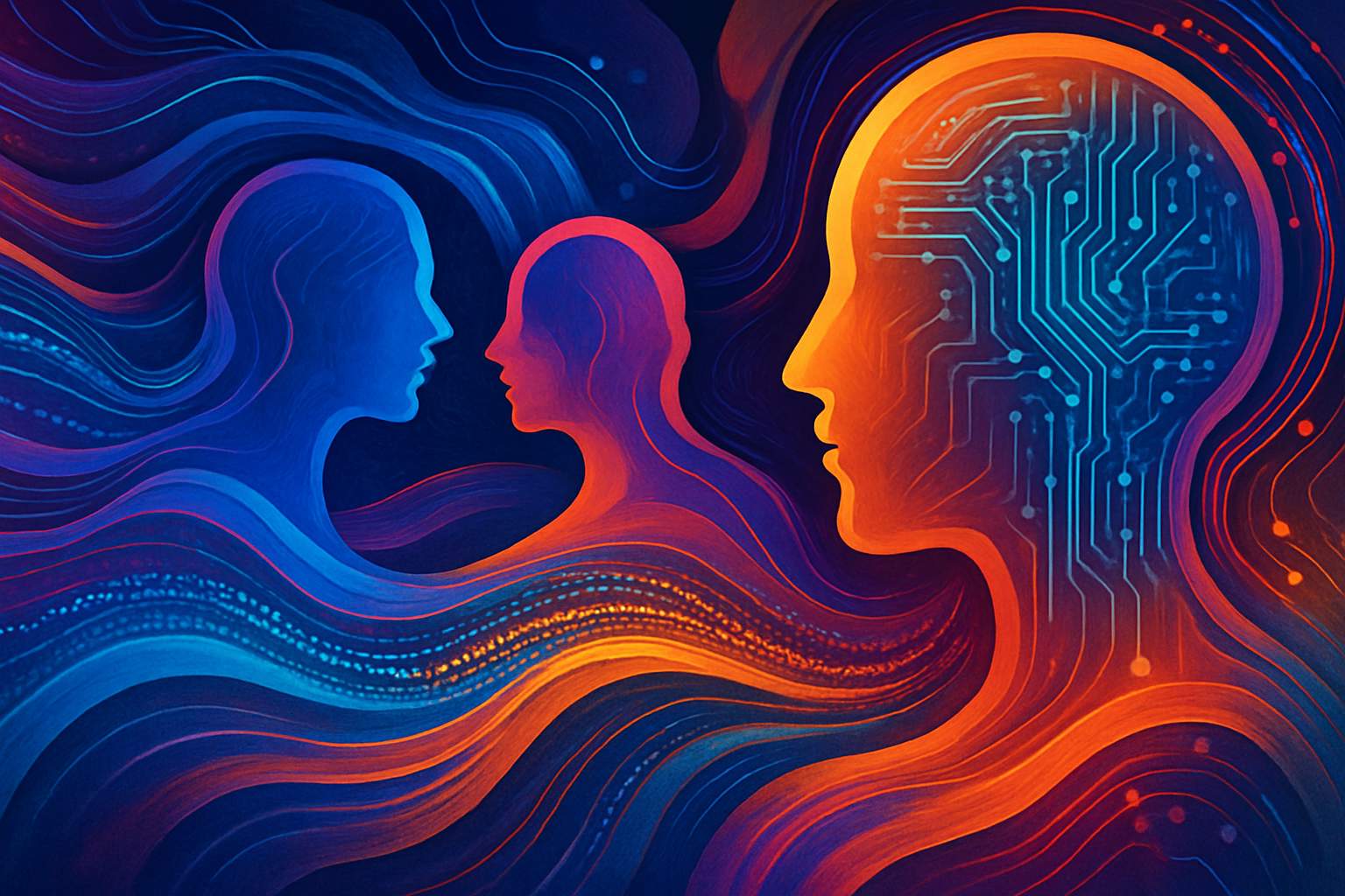 Human silhouettes and digital AI motifs blend to illustrate Human Capital AI.