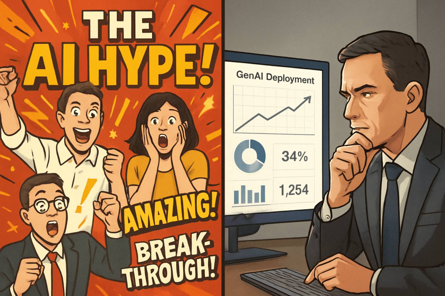 Assistant Adoption illustrated by comparing hype and real GenAI deployment