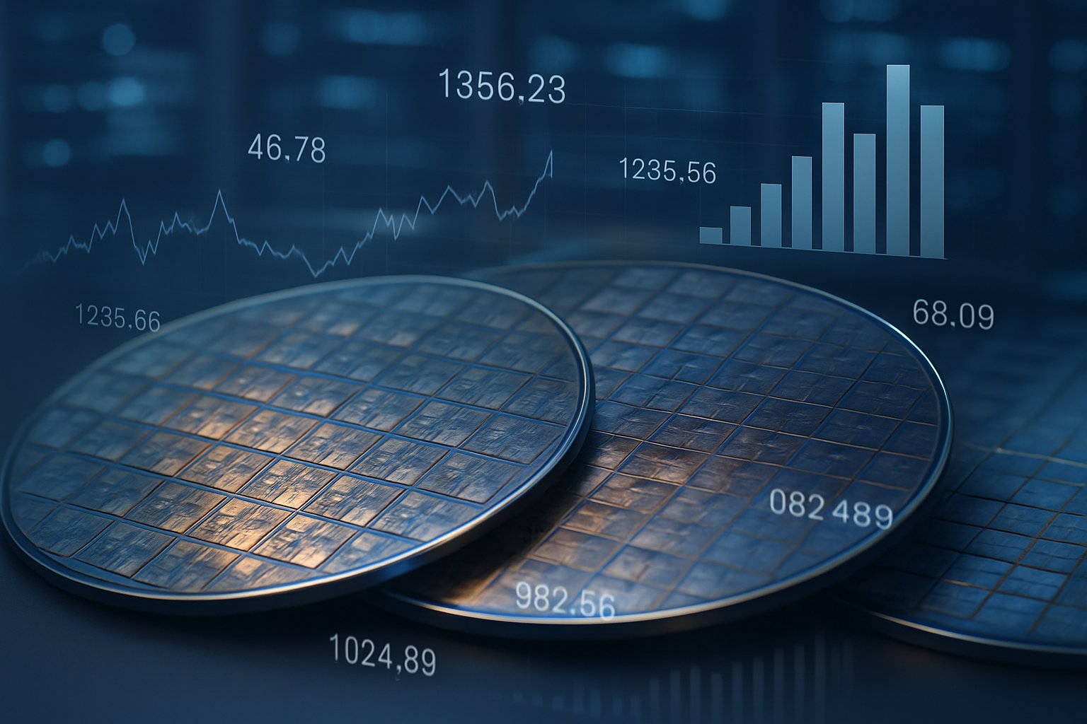 Semiconductor Financials visual featuring microchips, financial charts, and hyperscale data center imagery.