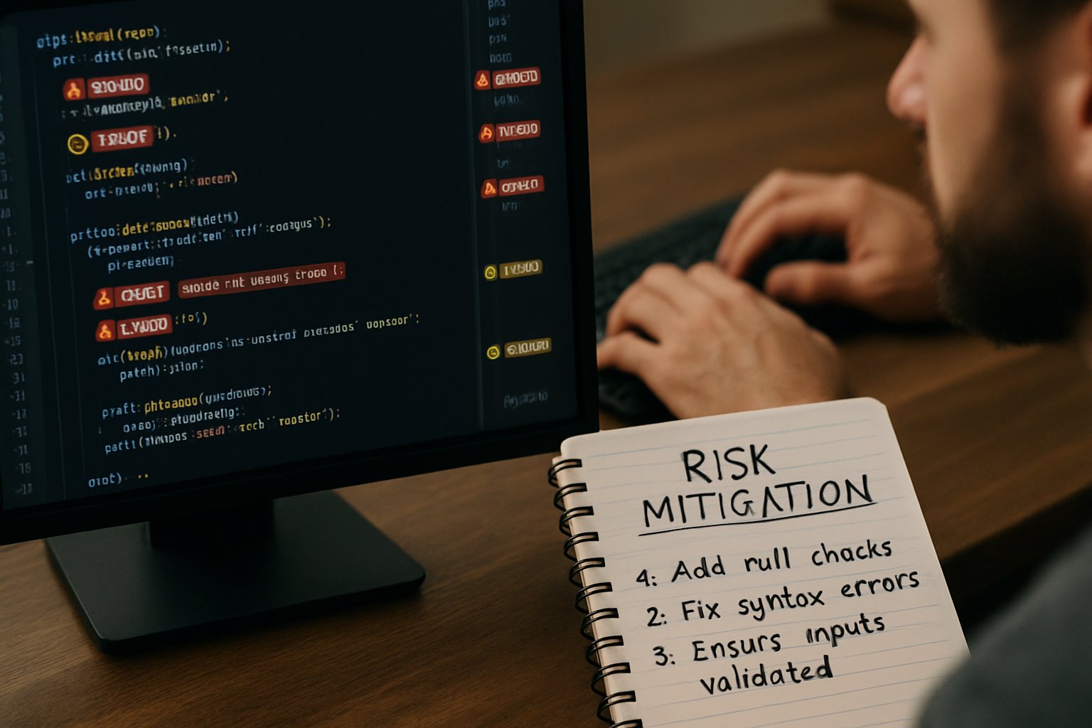 Software Development error warnings and risk mitigation strategies on monitor.