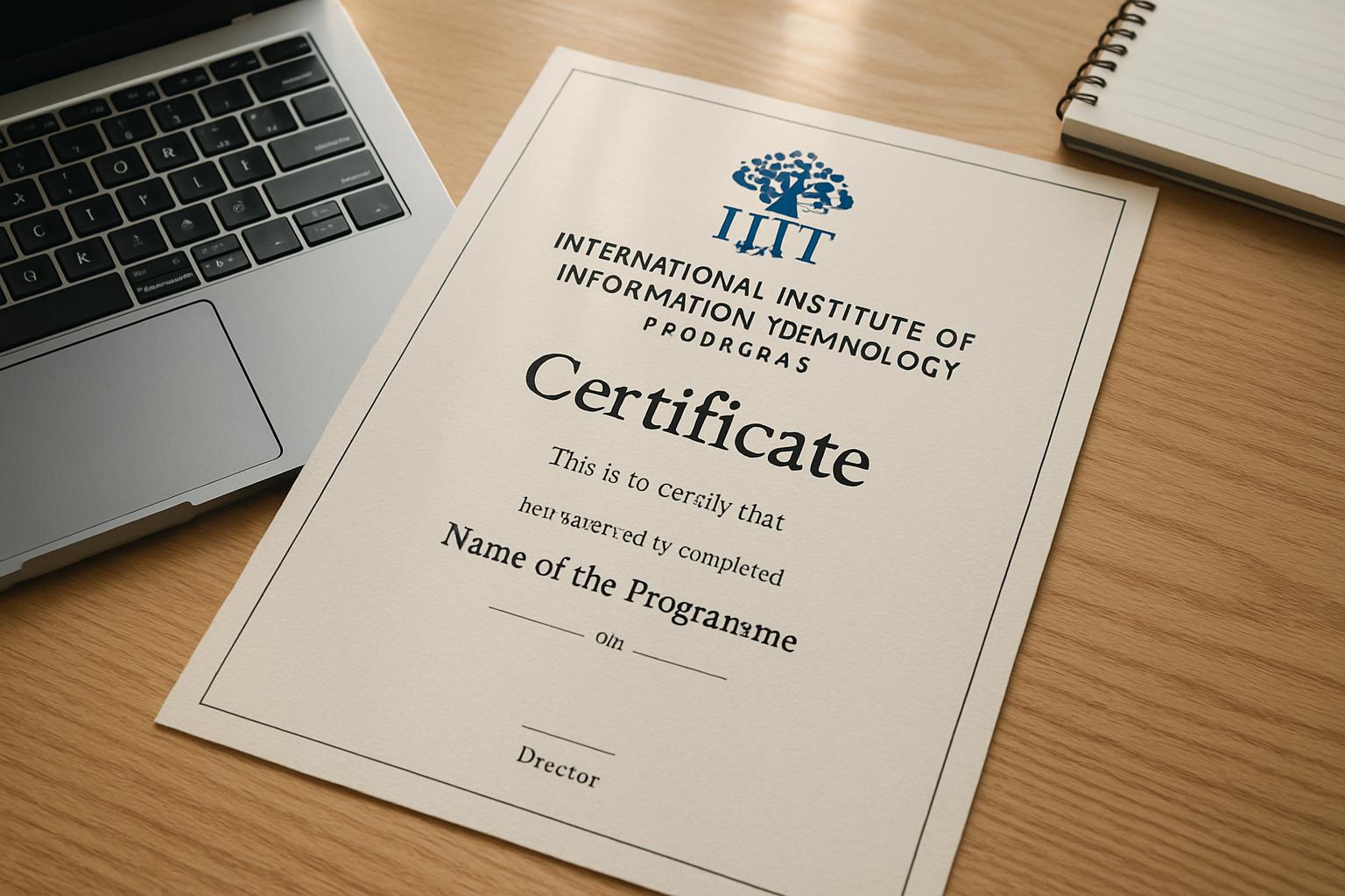 Official IIIT Hyderabad certificate displayed with laptop and notepad.