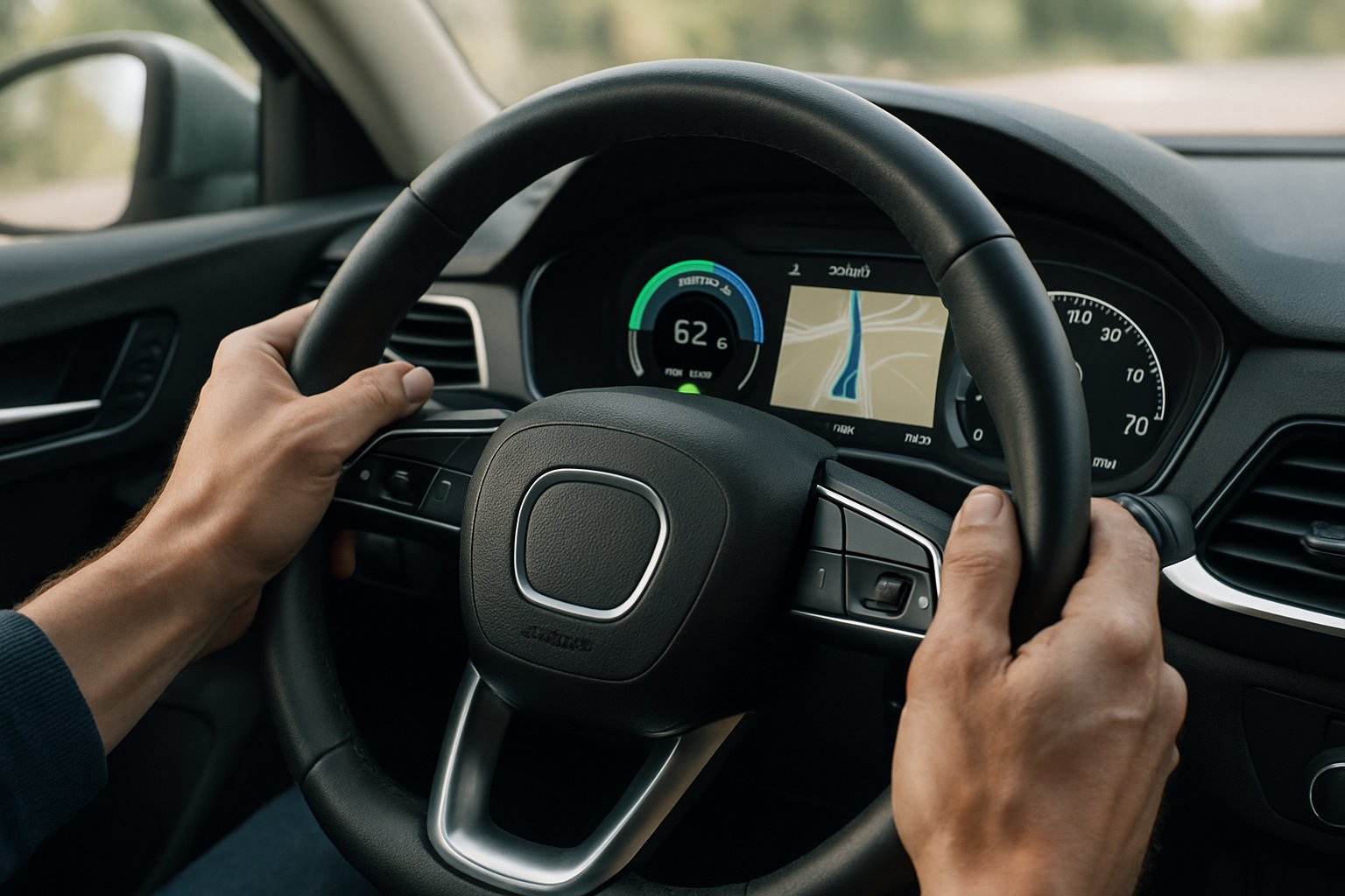 Driver using Efficient Driving digital dashboard in modern vehicle.