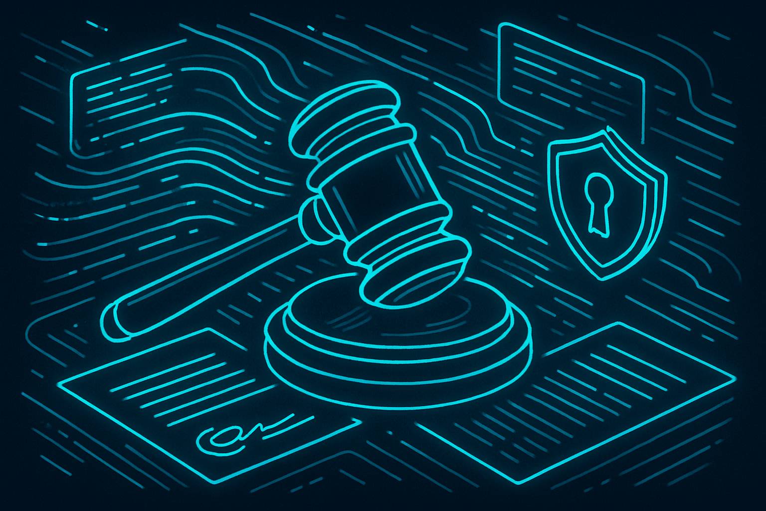 Judge's gavel with holographic data streams representing Judicial Governance innovations.