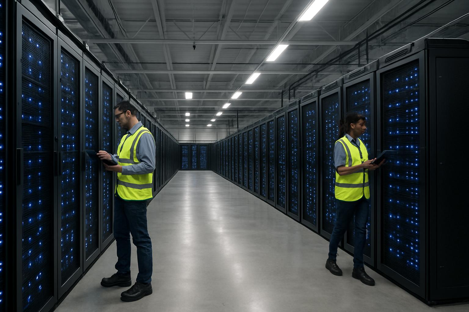 Technicians working inside a Hyperscale Facility with modern server racks.