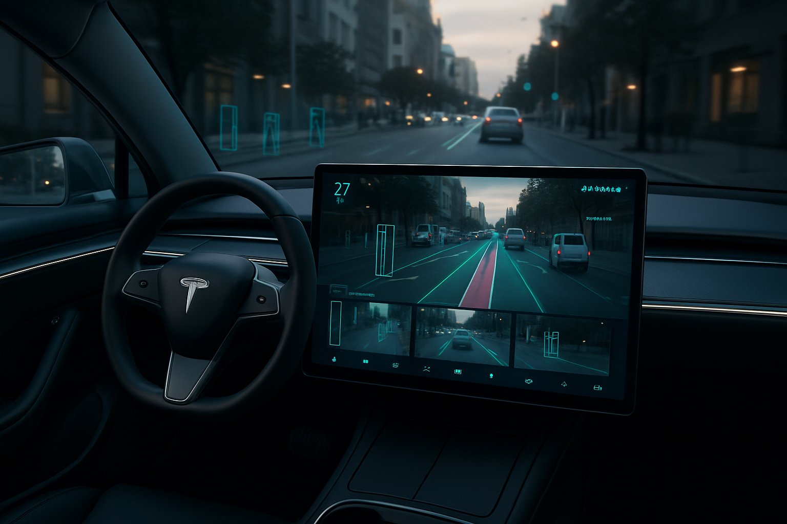 Interior Tesla view with Autonomous Driving AI analyzing road conditions on dashboard.