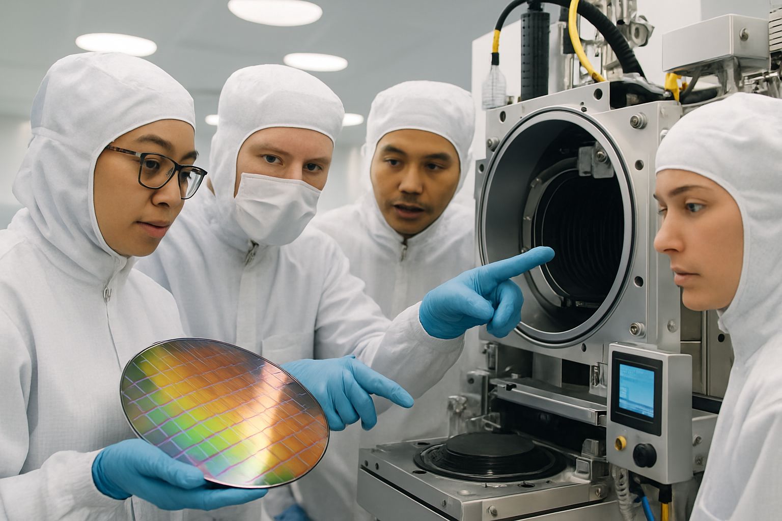Engineers in semiconductor manufacturing cleanroom working with advanced fabrication machinery.