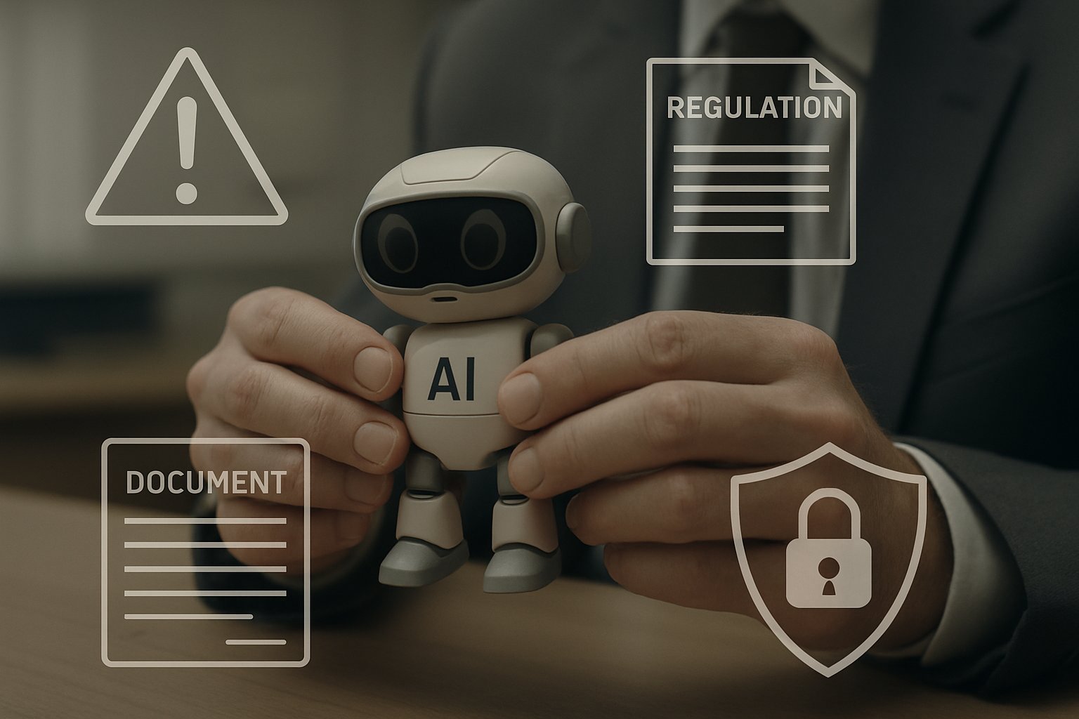 Adult inspecting AI-powered toy for product safety risks and compliance.