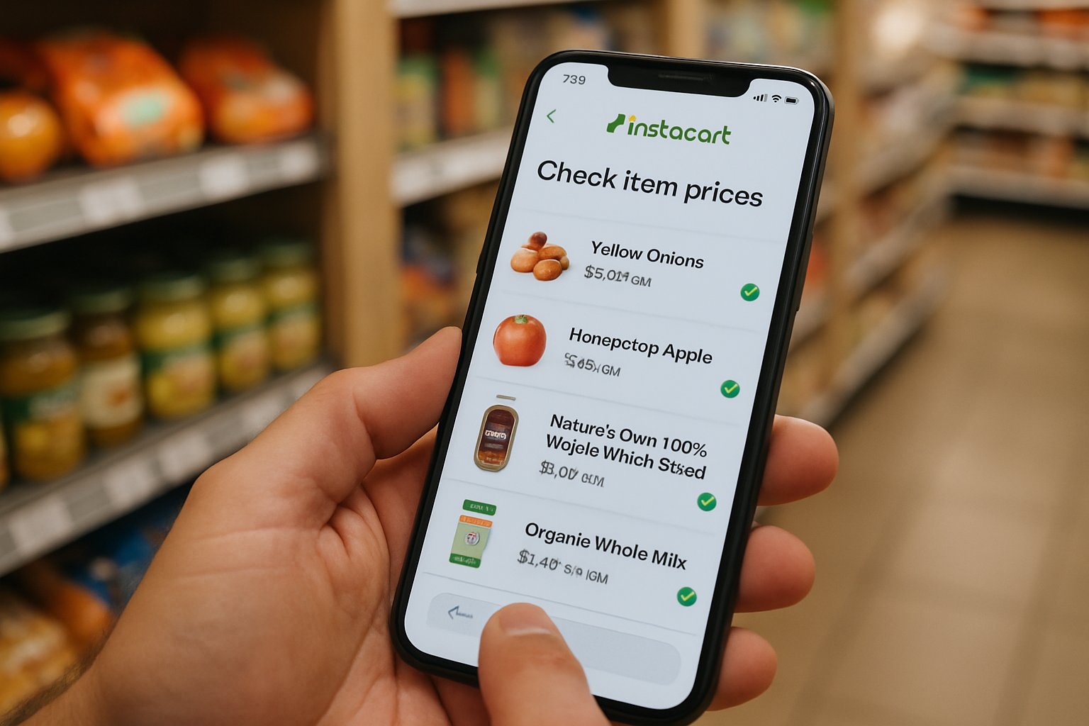 Customer checks Instacart app for AI Algorithmic Pricing in grocery store