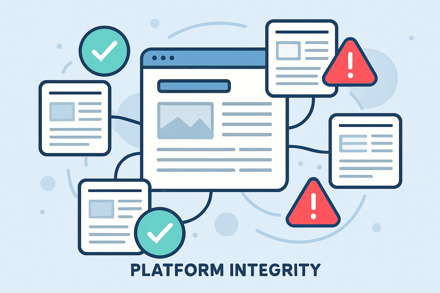 Visual metaphor of Platform Integrity risks in AI-modified news platforms.