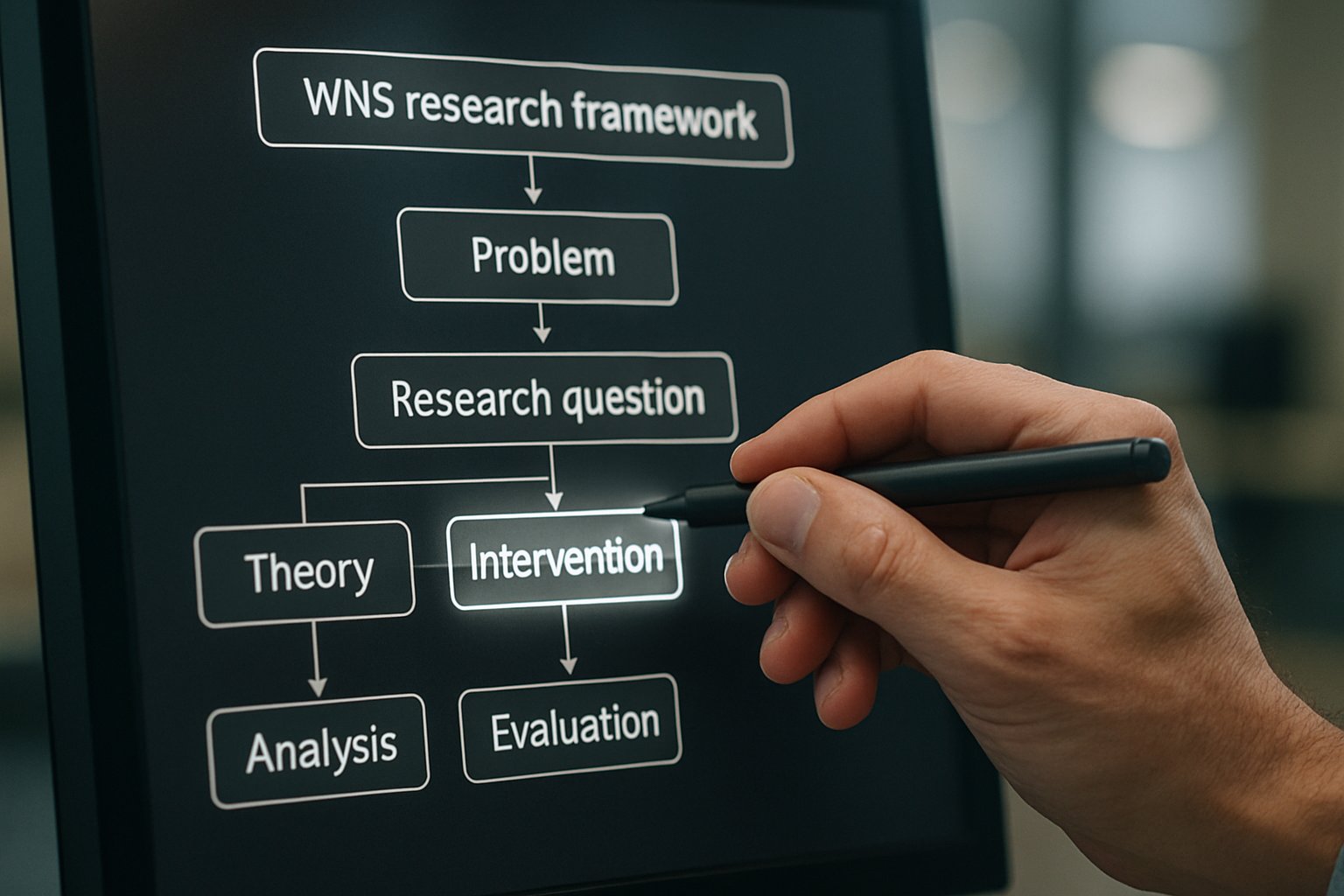 Hand using tablet interactive WNS research framework interface
