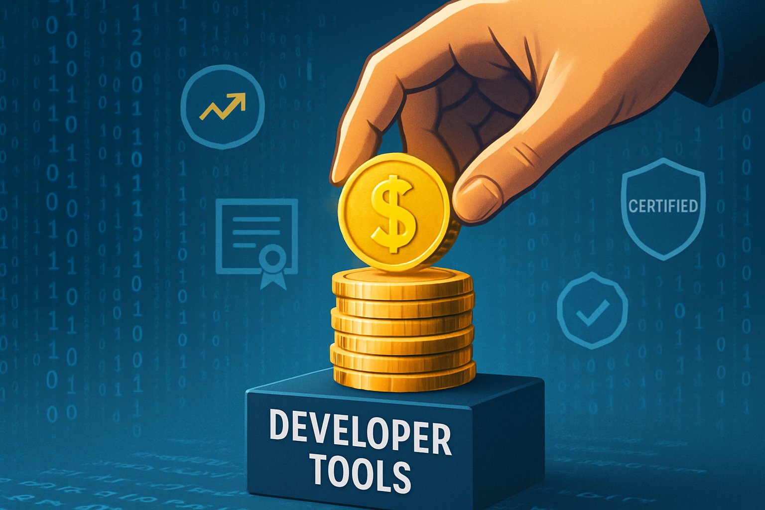 Developer Tools Funding visualized as large investment coins and coding certifications.