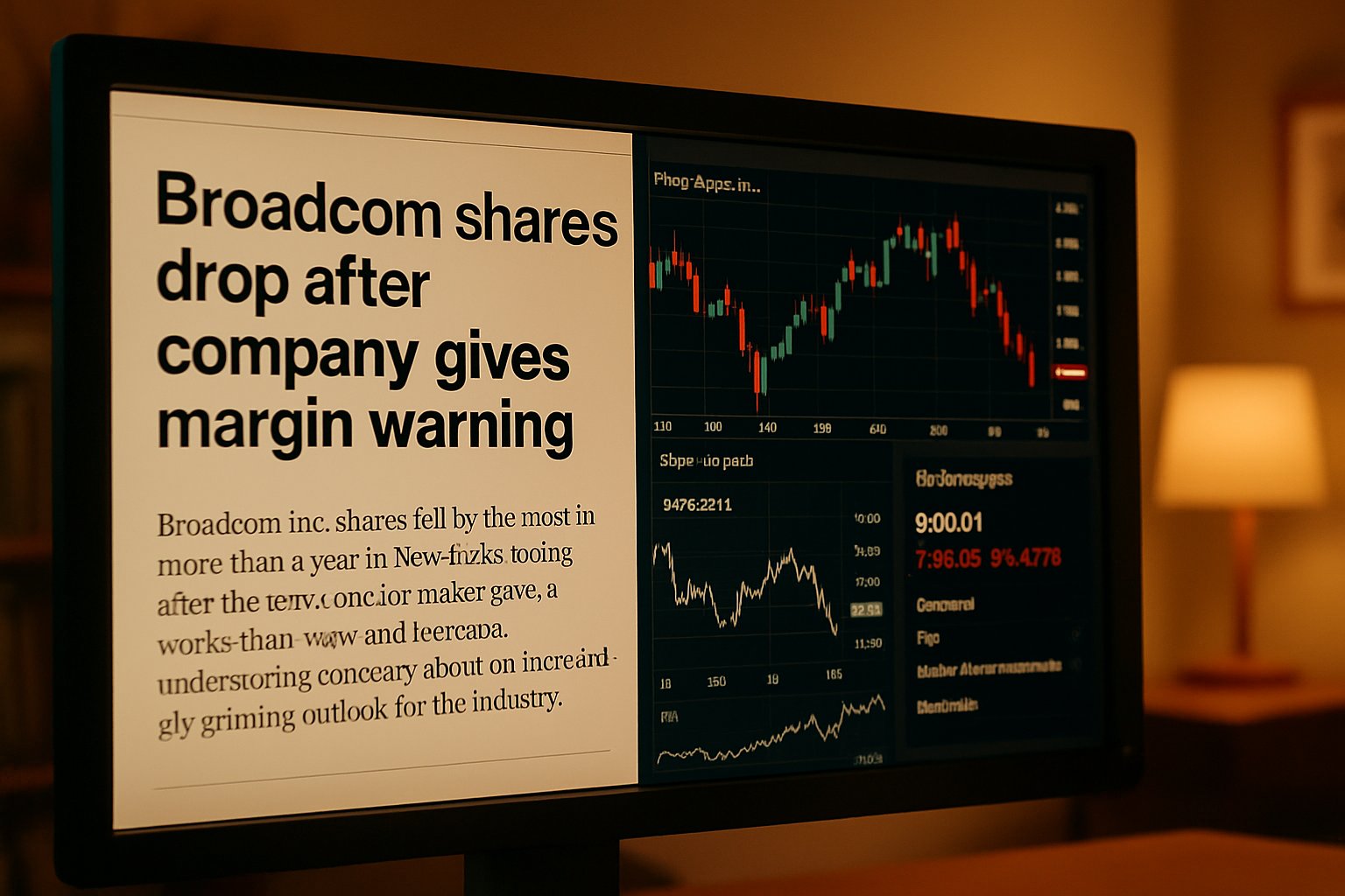 Investor reviews Broadcom share drop article with stock analysis tools on screen.