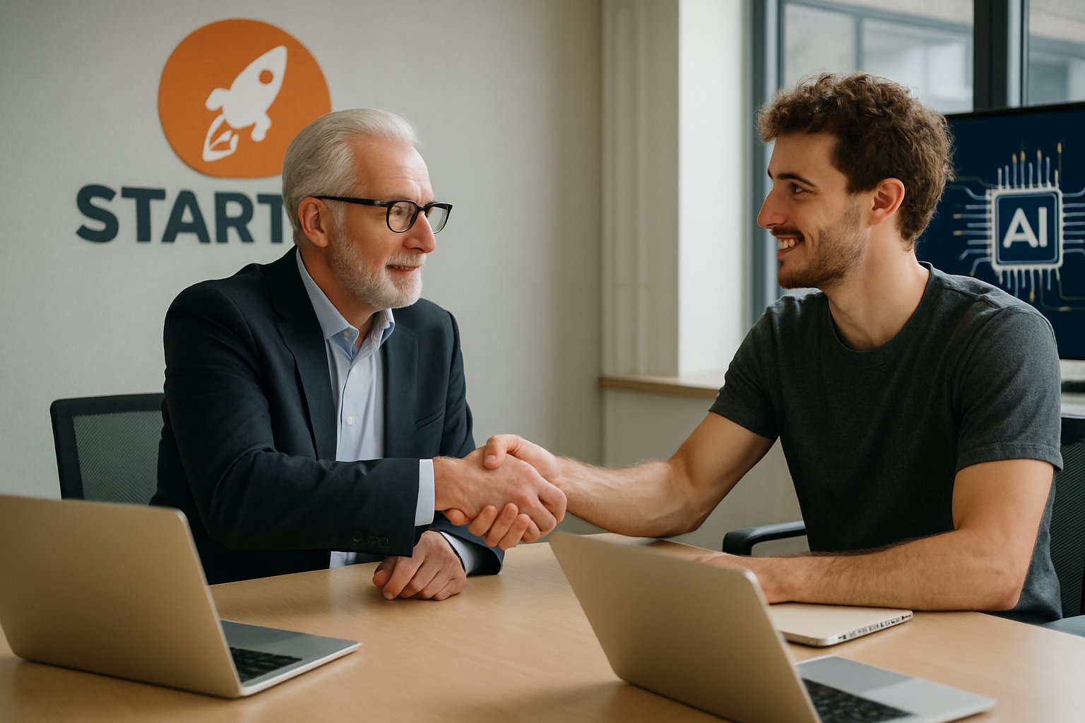 Startup Venture Fund agreement between investor and AI founder in conference room.