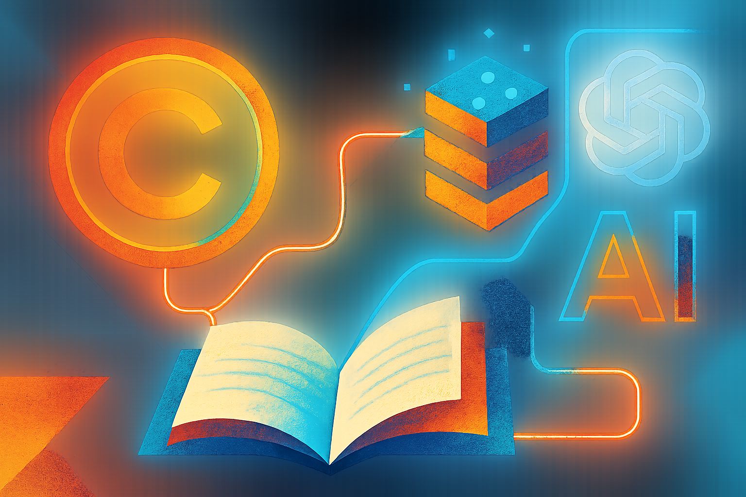 Abstract illustration with copyright, books, and data visualizing Intellectual Property changes.