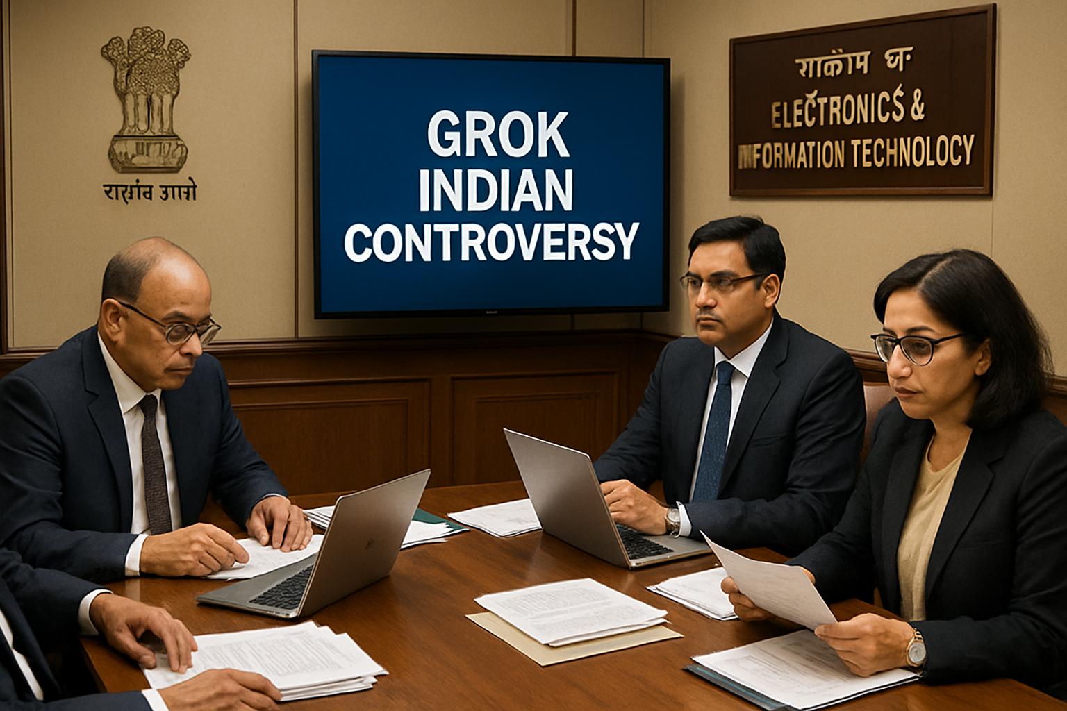 Indian IT Ministry officials reviewing the Grok Indian Controversy in a meeting.