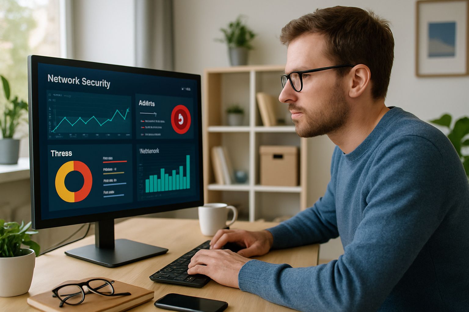 German IT specialist monitors Cybersecurity Growth on network dashboard.