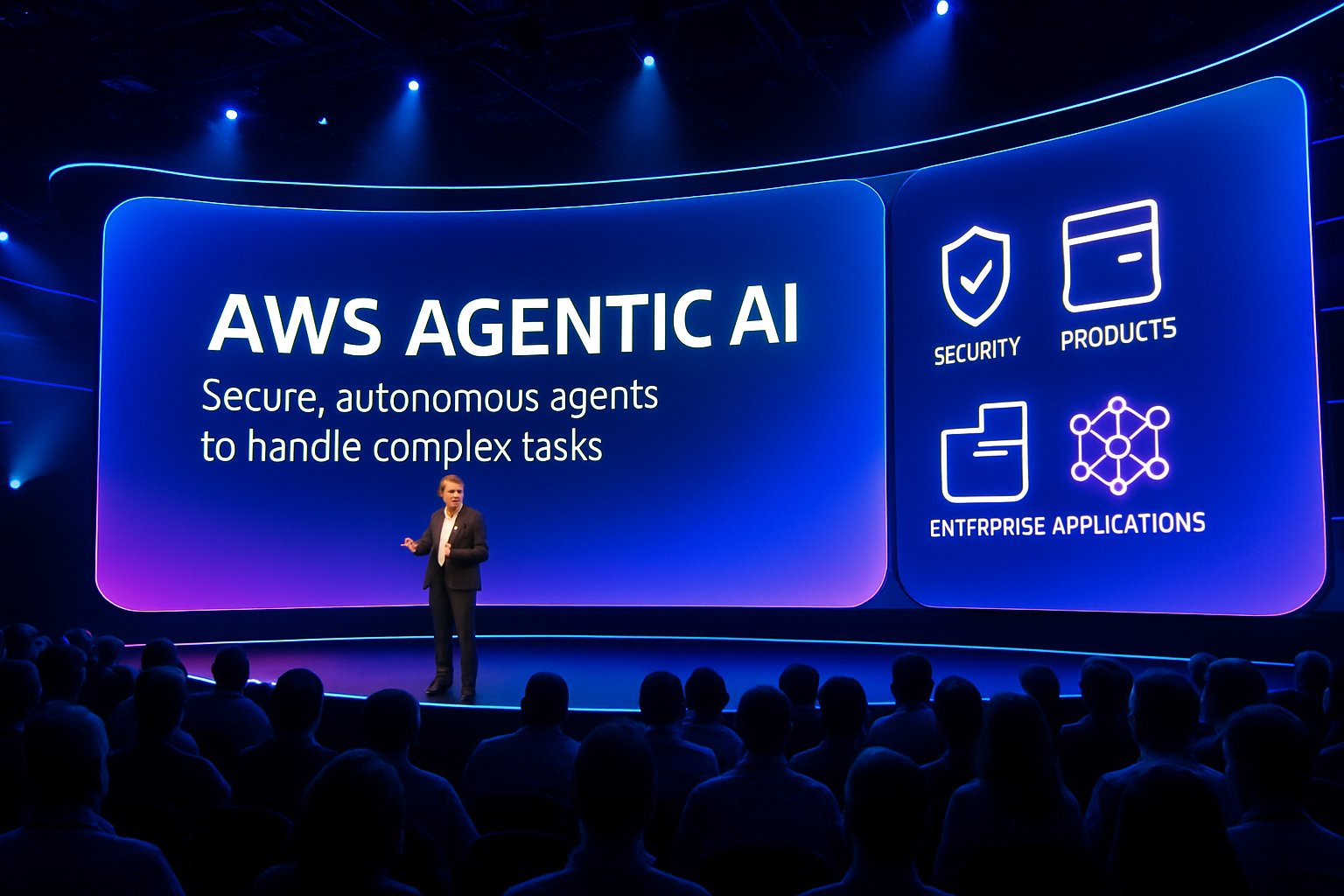 Keynote presentation on AWS agentic AI at Conference Major Event with audience and screens.