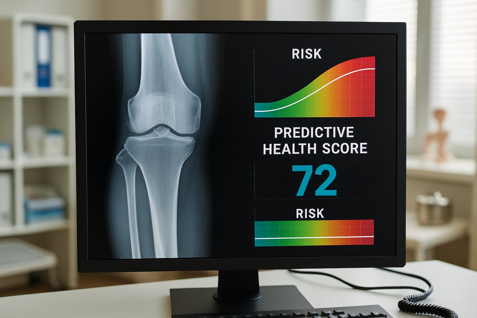 Predictive Health knee X-ray displaying risk assessment and health score.