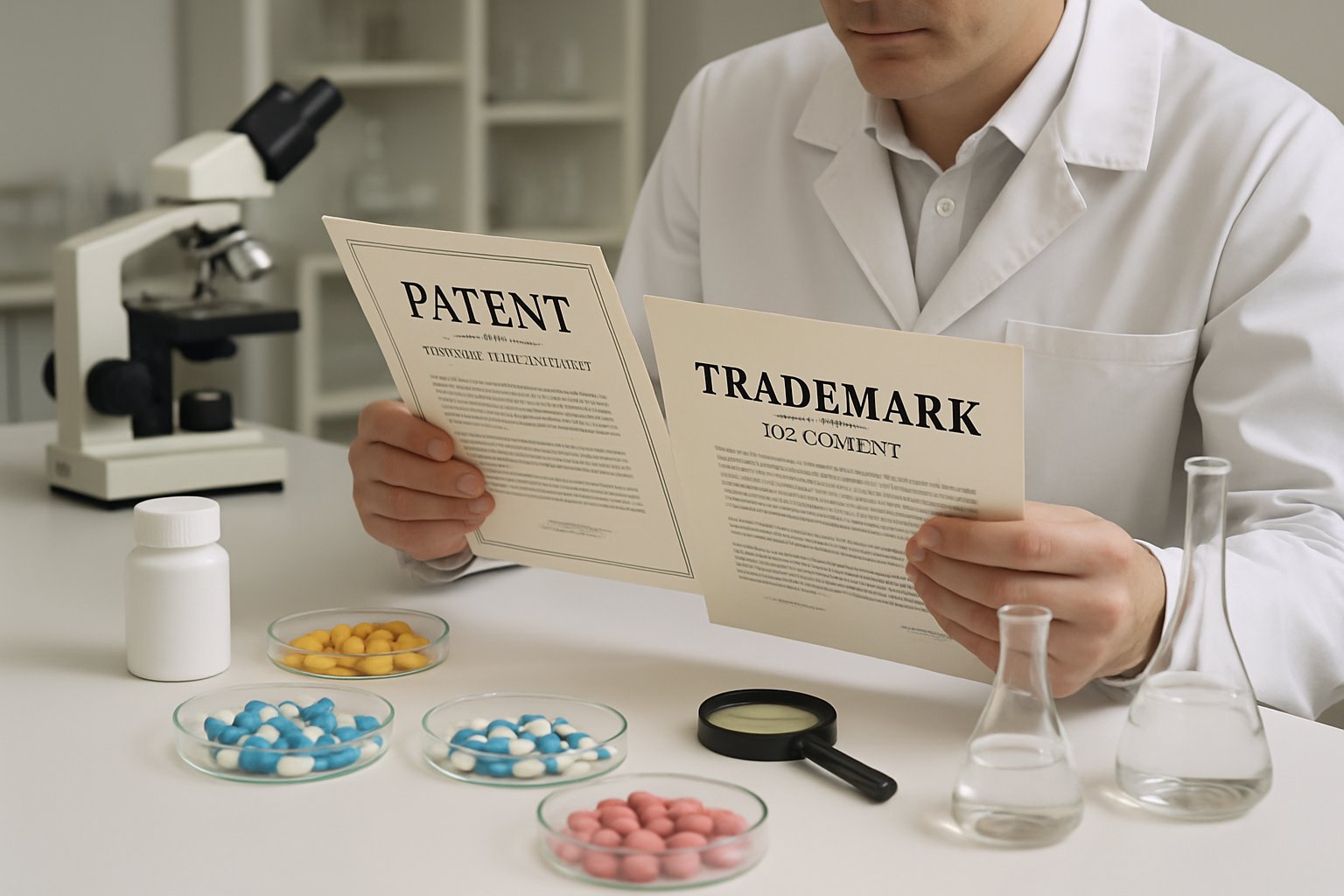 Pharma Trademark Update laboratory scene with scientist handling trademark and patent files.