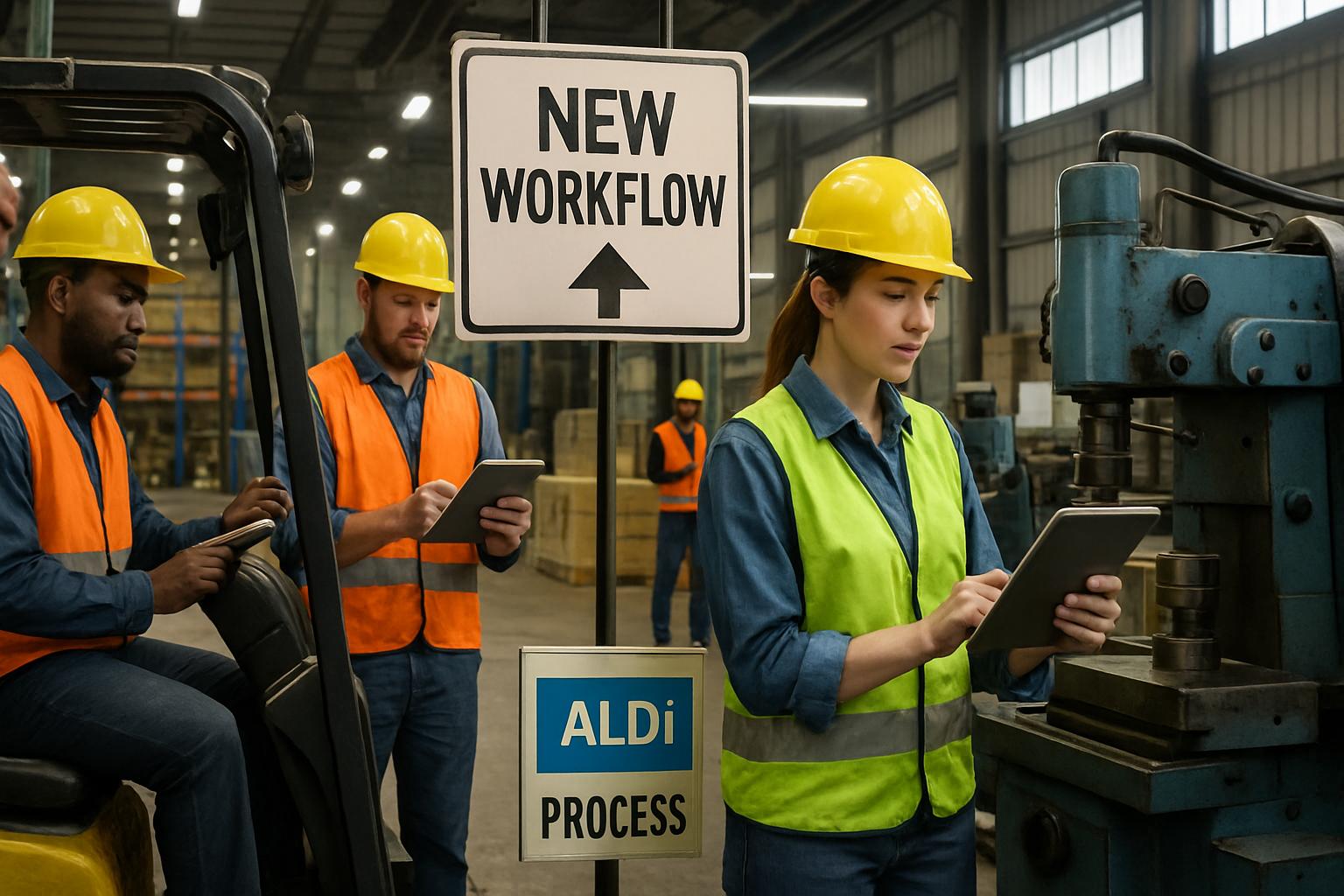 Labor Reorganization in warehouse as employees adapt to AI technology integration.