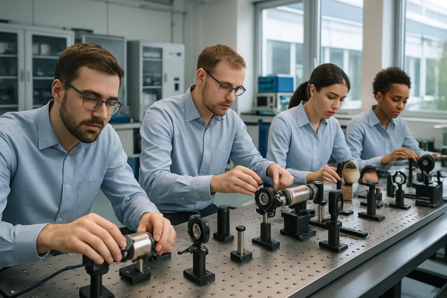 Engineers collaborating on optical hardware in Hardware Speed research laboratory