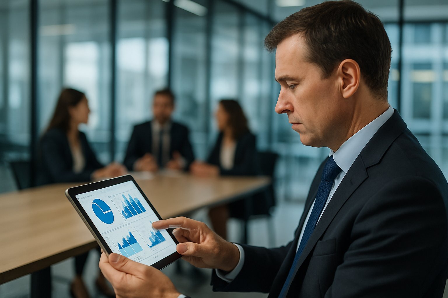 Workforce Automation leader analyzing performance data on a tablet in corporate setting.