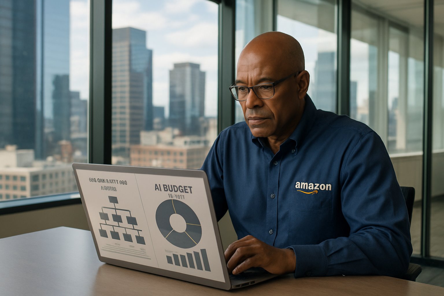 Amazon Thinning illustrated by management reviewing new AI strategy plans.
