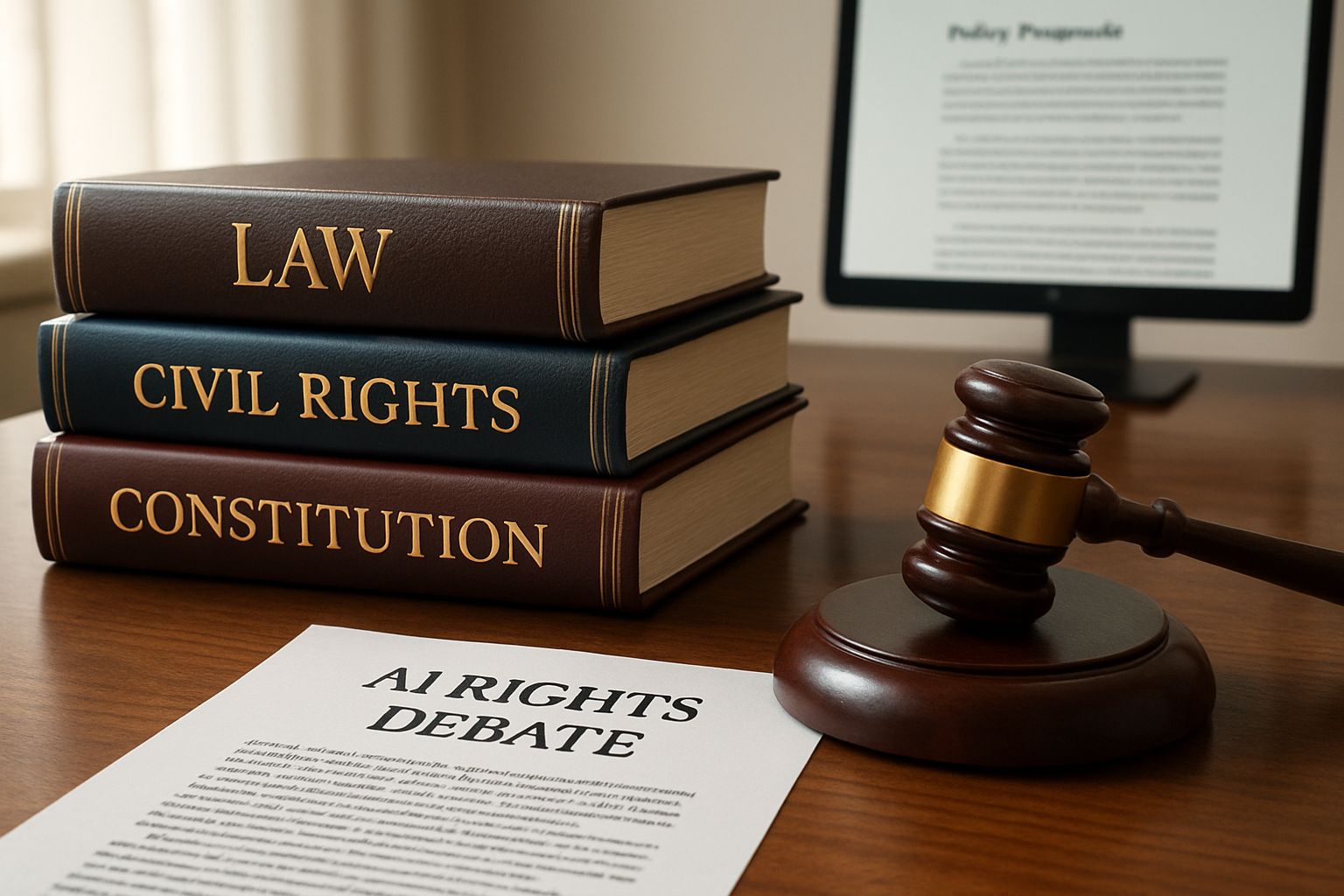 AI Rights Debate highlighted on legal document and law books with gavel in office.