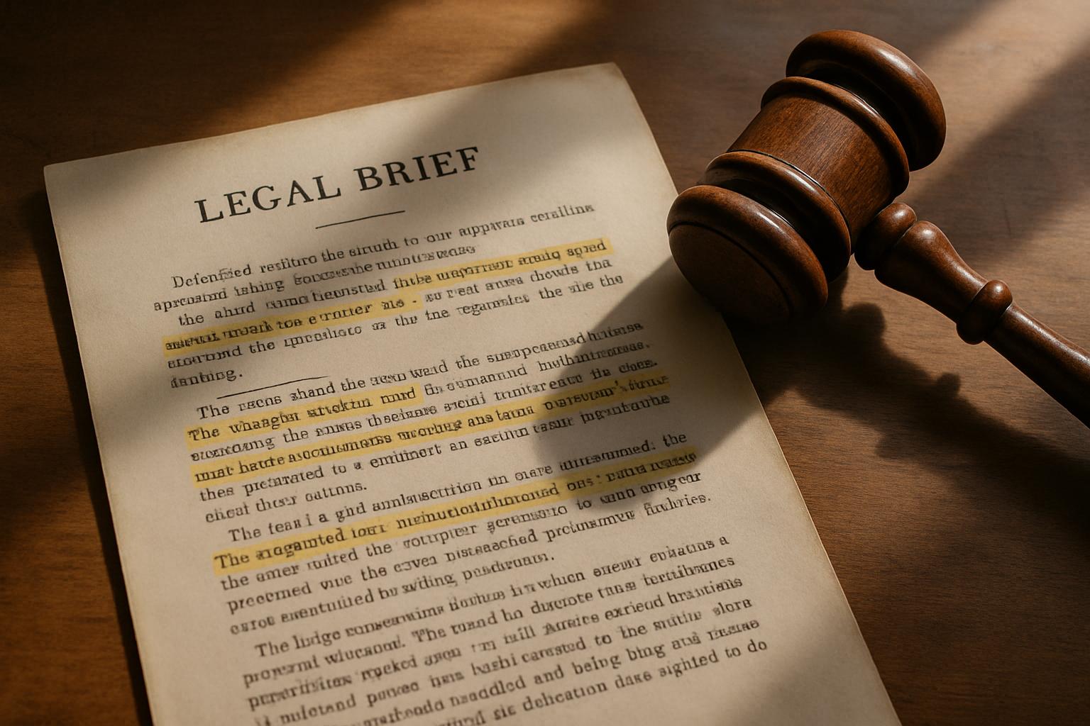 Judicial AI criticism highlighted in realistic legal documents and judge's gavel.