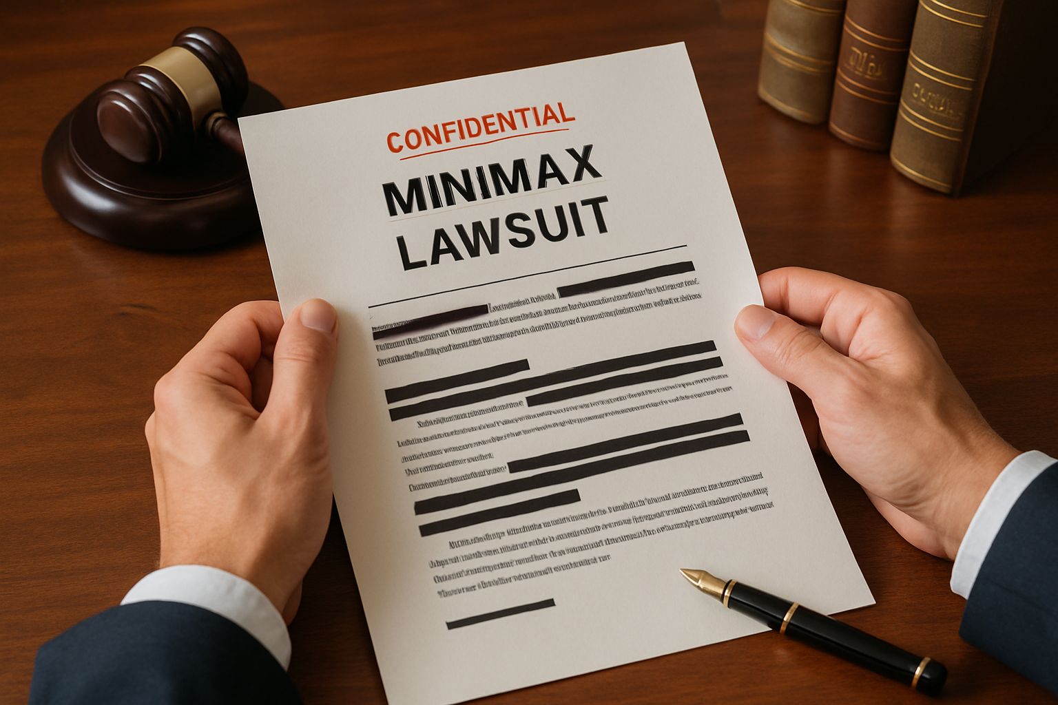 MiniMax Lawsuit confidential legal documents on attorney’s desk.
