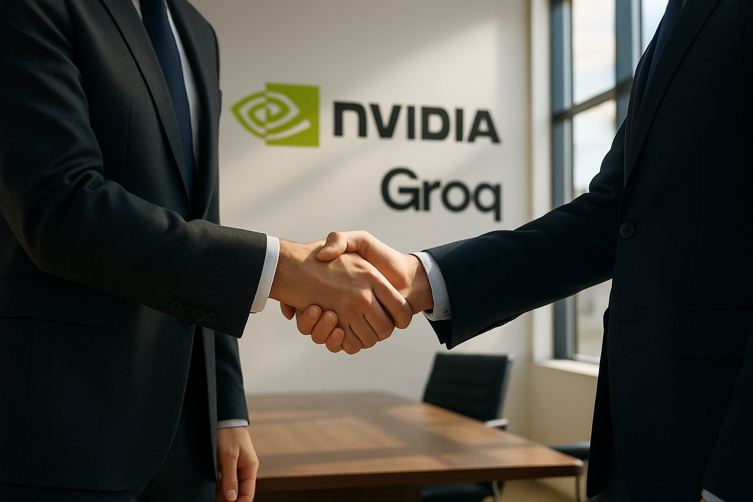 Executives finalize Nvidia Groq licensing handshake agreement in bright office
