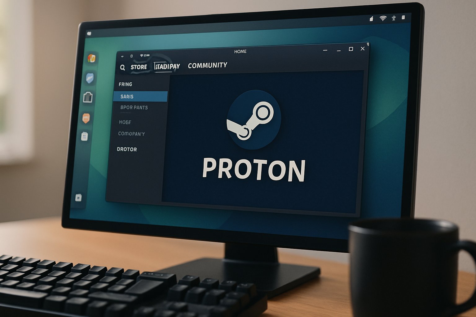 Linux Gaming interface with Steam client and Proton displayed onscreen.